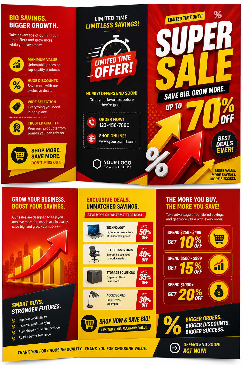Sales Brochure — vibrant style brochure cover, featuring growth arrows, percentage symbols, bold sale typography, red/yellow accents