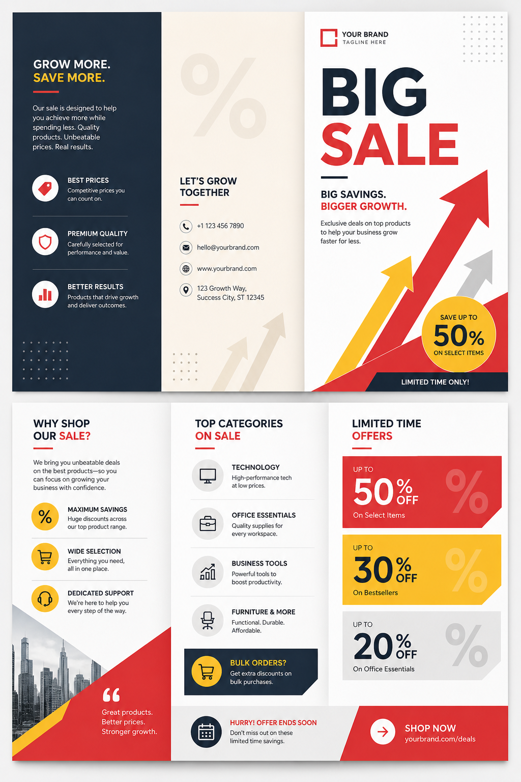 Sales Brochure — modern style brochure cover, featuring growth arrows, percentage symbols, bold sale typography, red/yellow accents