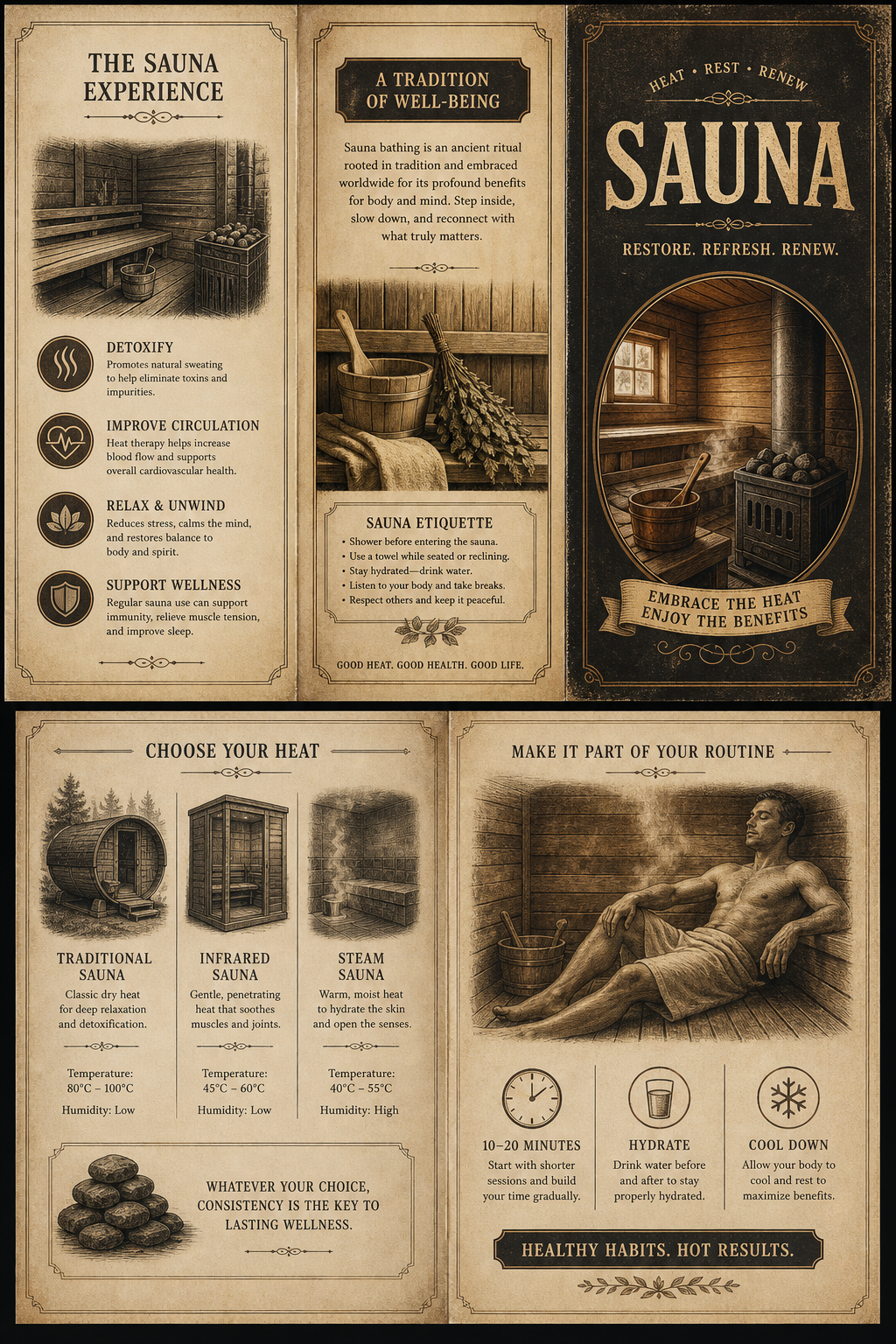 Sauna Brochure — vintage style brochure cover