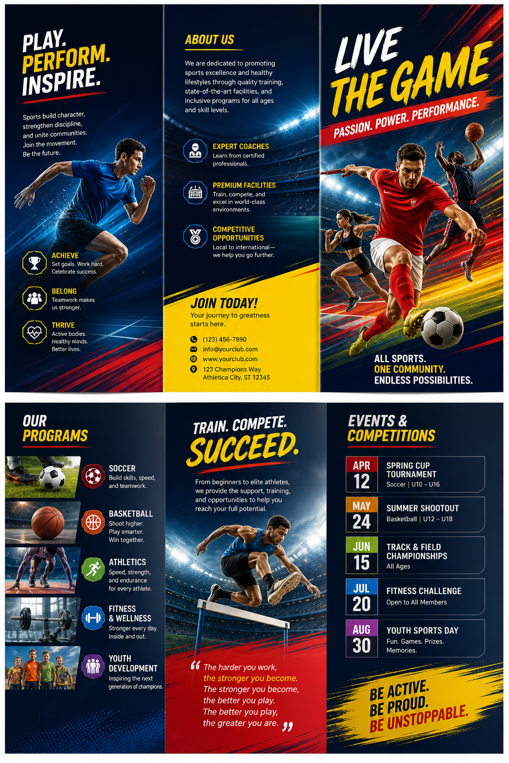 Sports Brochure — vibrant style brochure cover, featuring athletic action poses, stadium imagery, dynamic motion lines