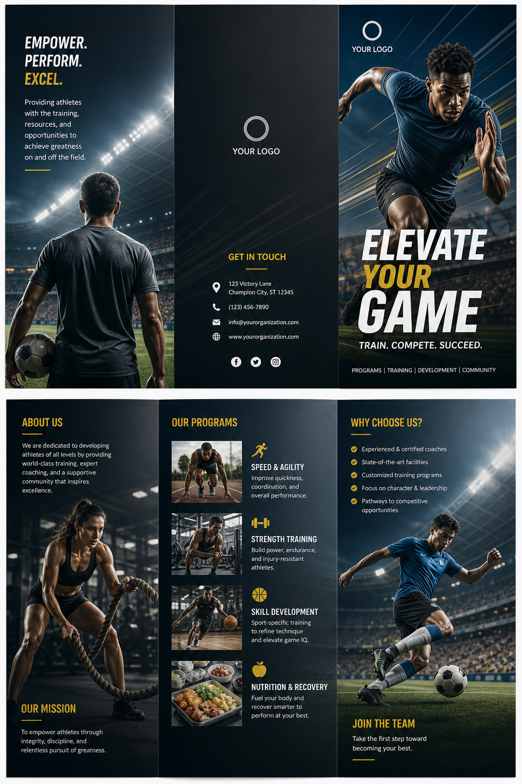 Sports Brochure — photo-realistic style brochure cover, featuring athletic action poses, stadium imagery, dynamic motion lines
