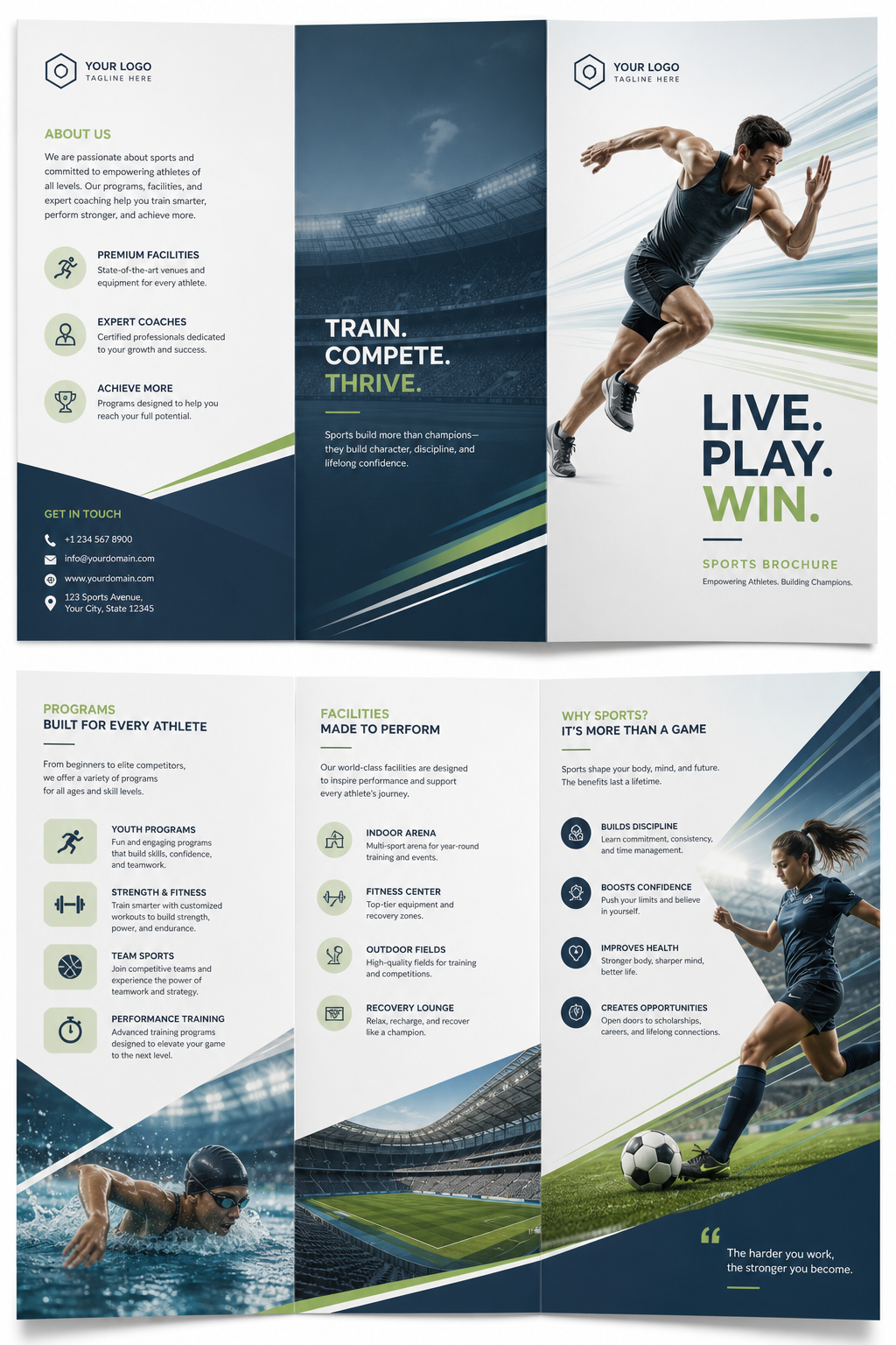 Sports Brochure — modern style brochure cover, featuring athletic action poses, stadium imagery, dynamic motion lines