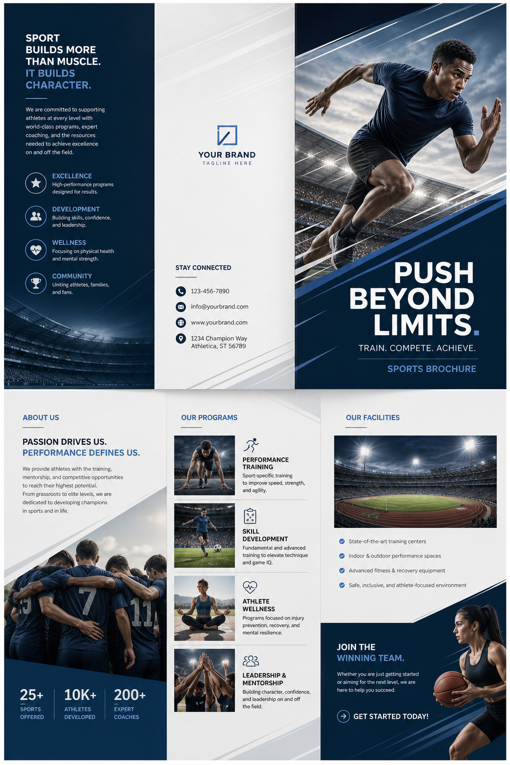 Sports Brochure — corporate style brochure cover, featuring athletic action poses, stadium imagery, dynamic motion lines