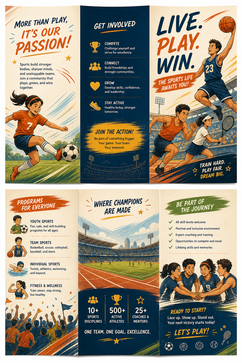 Sports Brochure — illustration style brochure cover, featuring athletic action poses, stadium imagery, dynamic motion lines