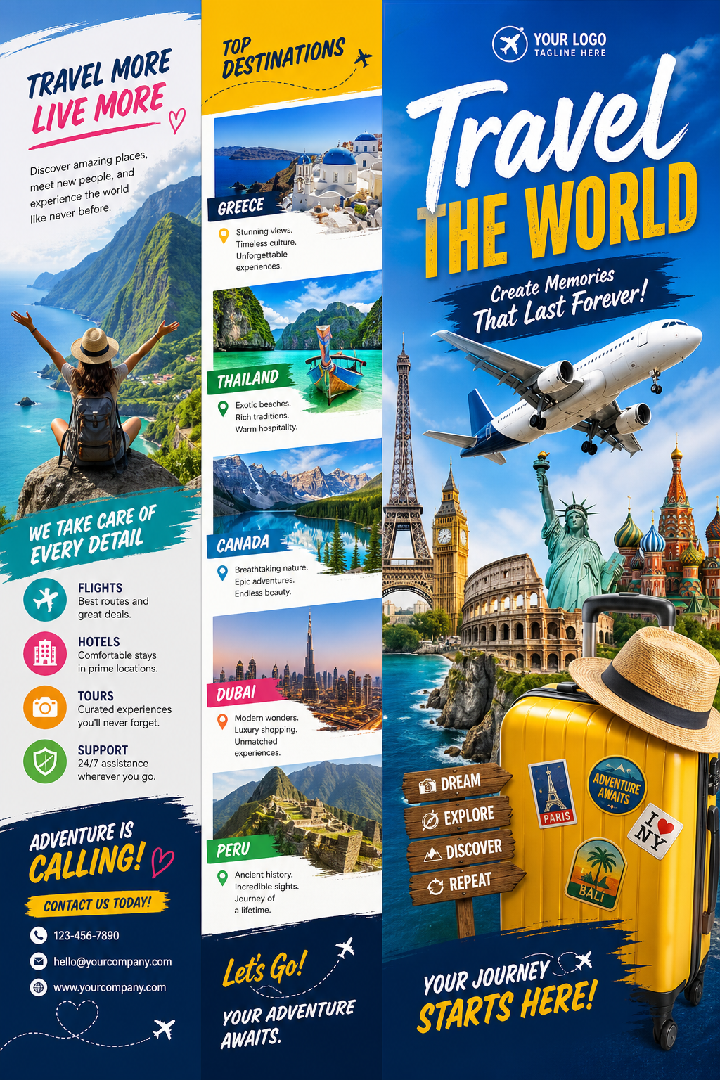 Travel Brochure — vibrant style brochure cover, featuring landmarks, suitcase, plane, scenic vistas