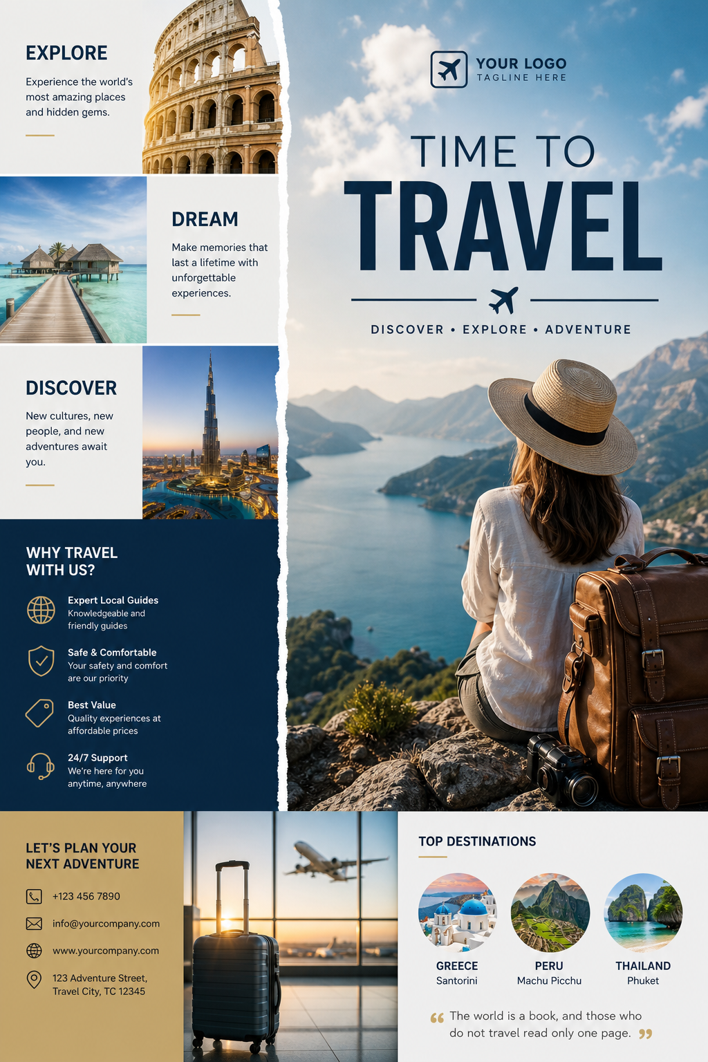 Travel Brochure — photo-realistic style brochure cover, featuring landmarks, suitcase, plane, scenic vistas