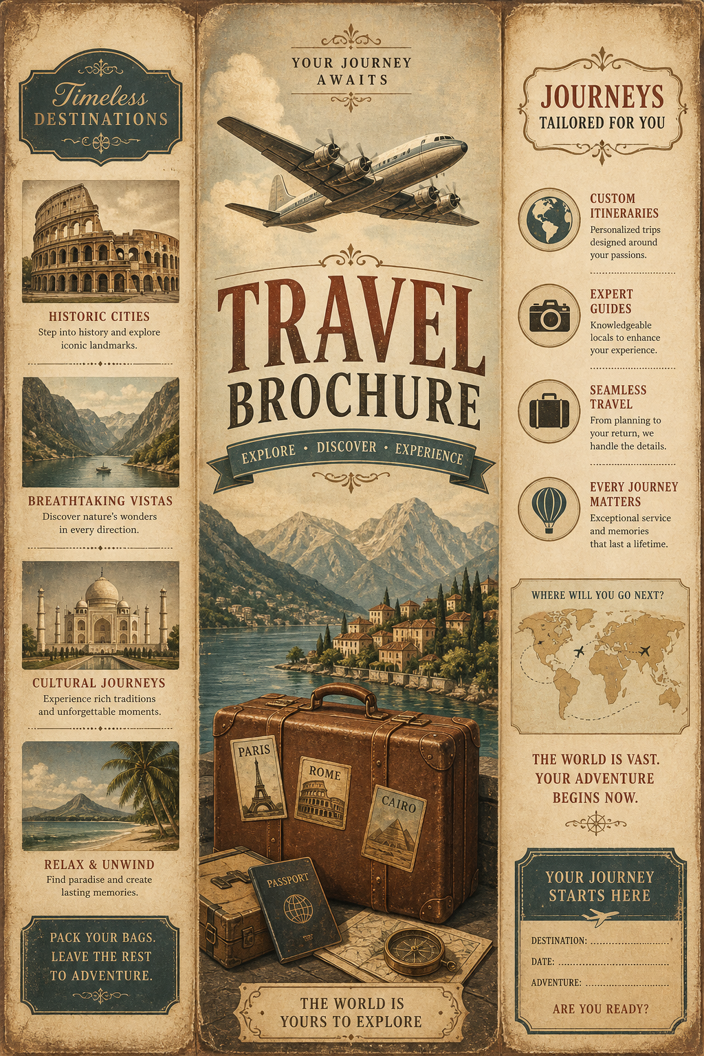 Travel Brochure — vintage style brochure cover, featuring landmarks, suitcase, plane, scenic vistas