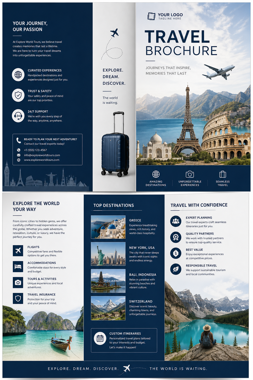 Travel Brochure — corporate style brochure cover, featuring landmarks, suitcase, plane, scenic vistas