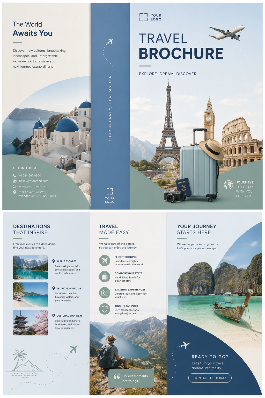 Travel Brochure — modern style brochure cover, featuring landmarks, suitcase, plane, scenic vistas