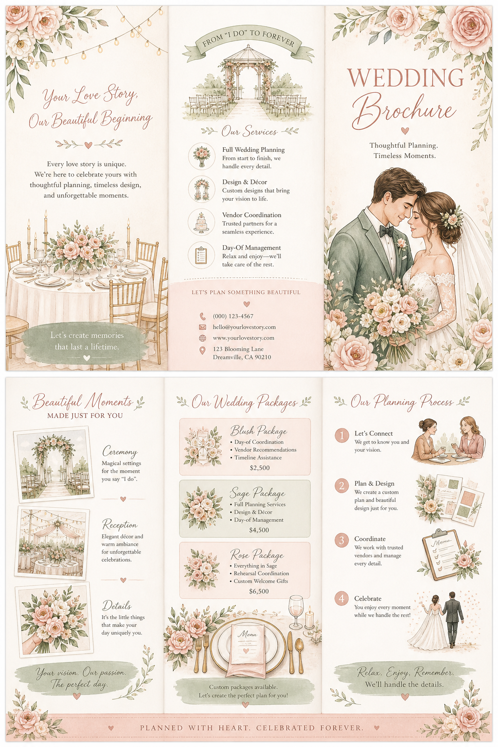 Wedding Brochure — illustration style brochure cover, featuring romantic floral arrangements, soft pastels (blush, ivory, sage), elegant calligraphy