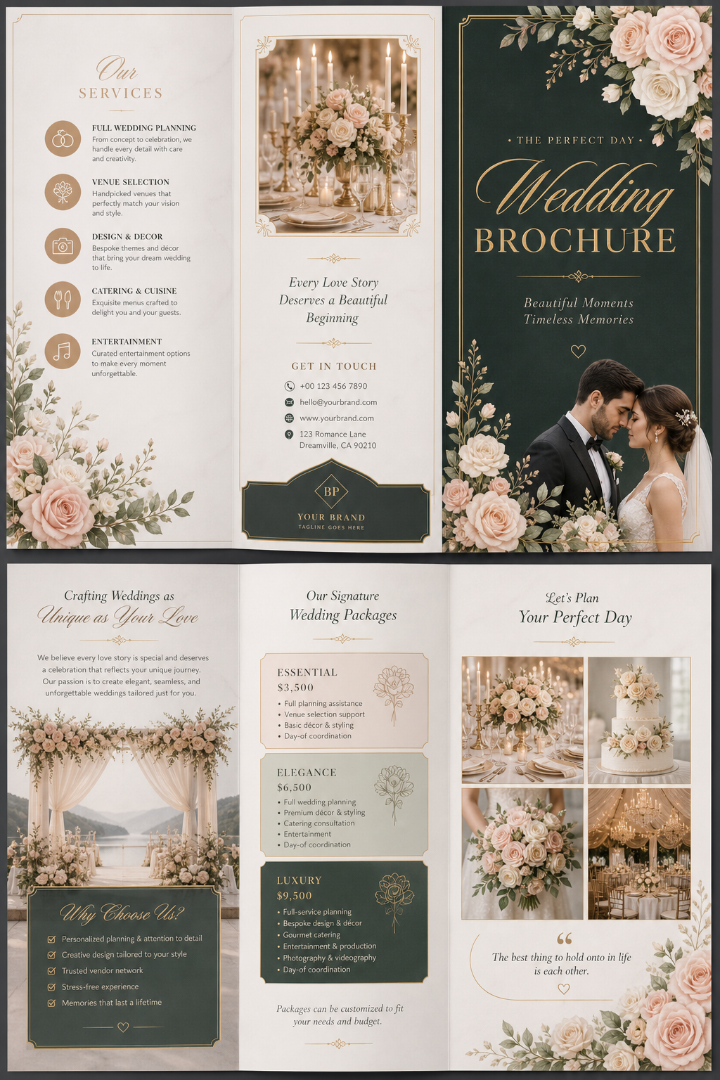 Wedding Brochure — elegant style brochure cover, featuring romantic floral arrangements, soft pastels (blush, ivory, sage), elegant calligraphy