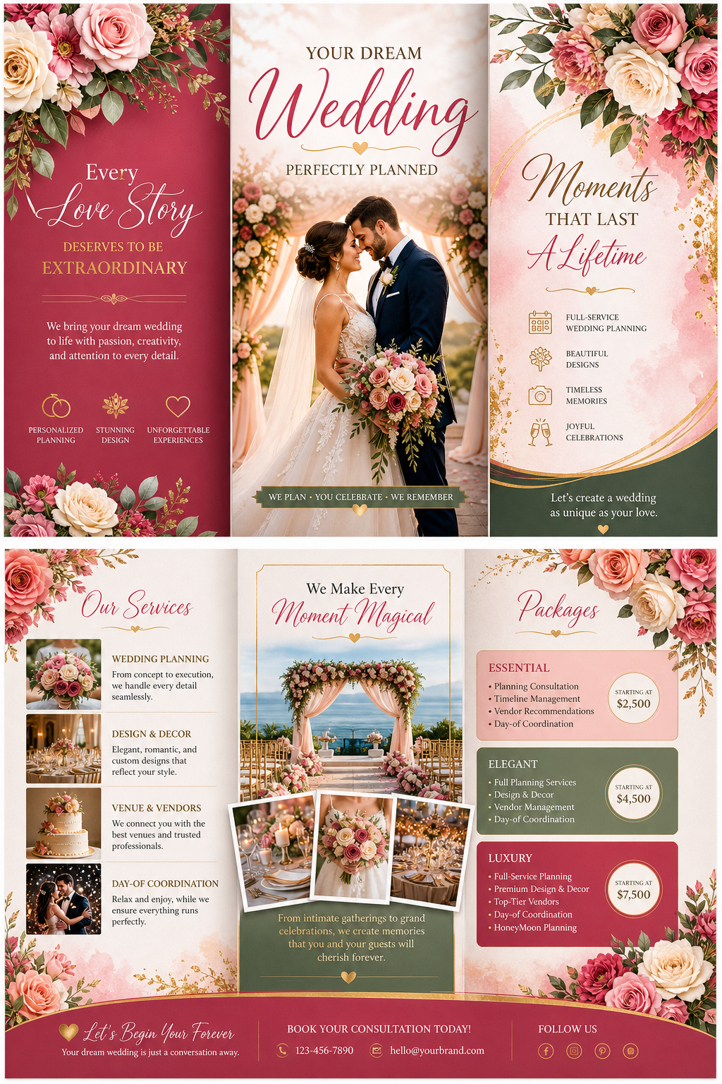Wedding Brochure — vibrant style brochure cover, featuring romantic floral arrangements, soft pastels (blush, ivory, sage), elegant calligraphy