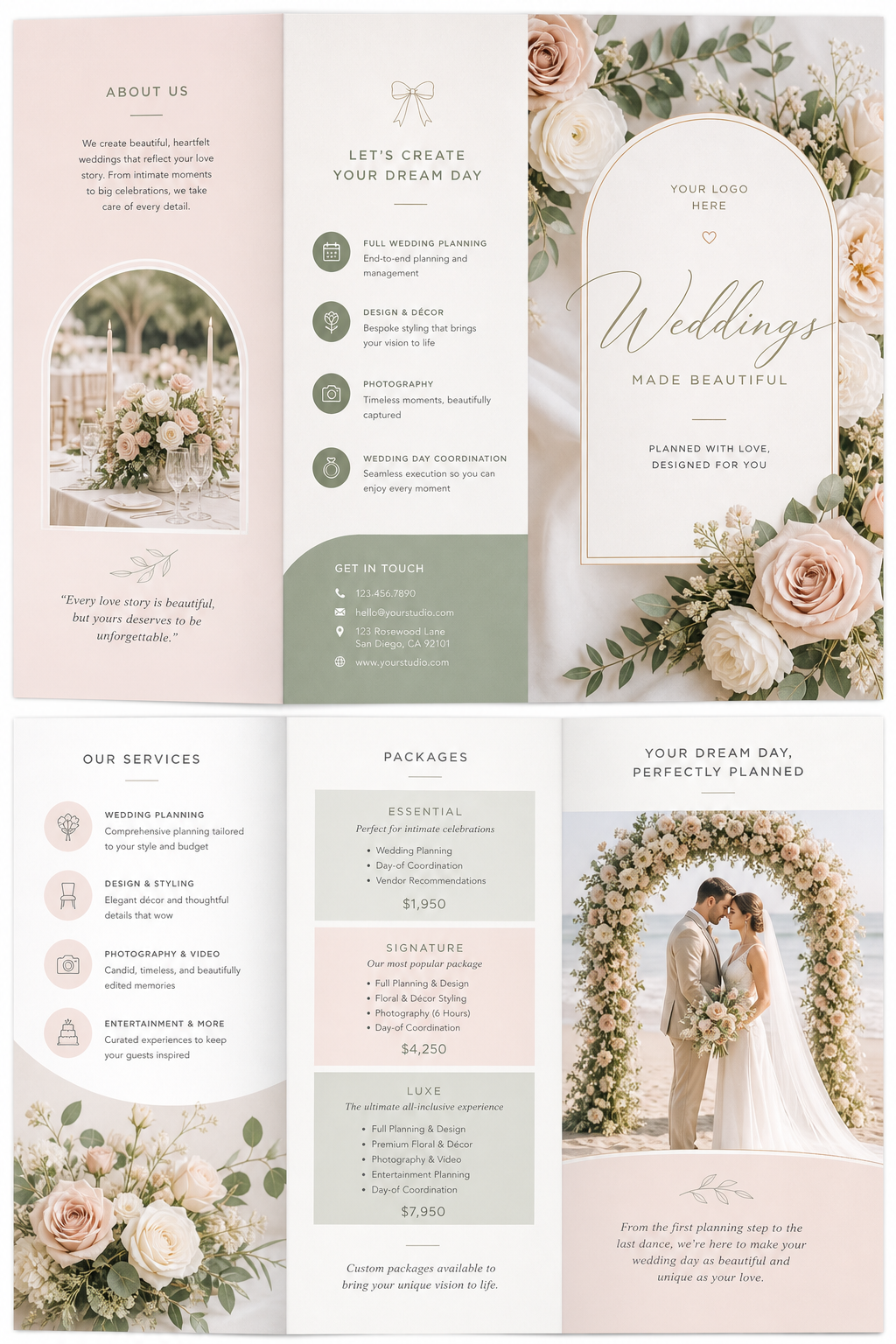 Wedding Brochure — modern style brochure cover, featuring romantic floral arrangements, soft pastels (blush, ivory, sage), elegant calligraphy