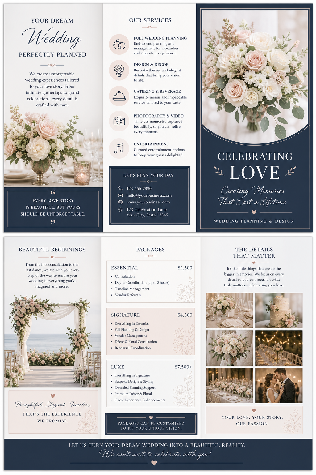 Wedding Brochure — corporate style brochure cover, featuring romantic floral arrangements, soft pastels (blush, ivory, sage), elegant calligraphy