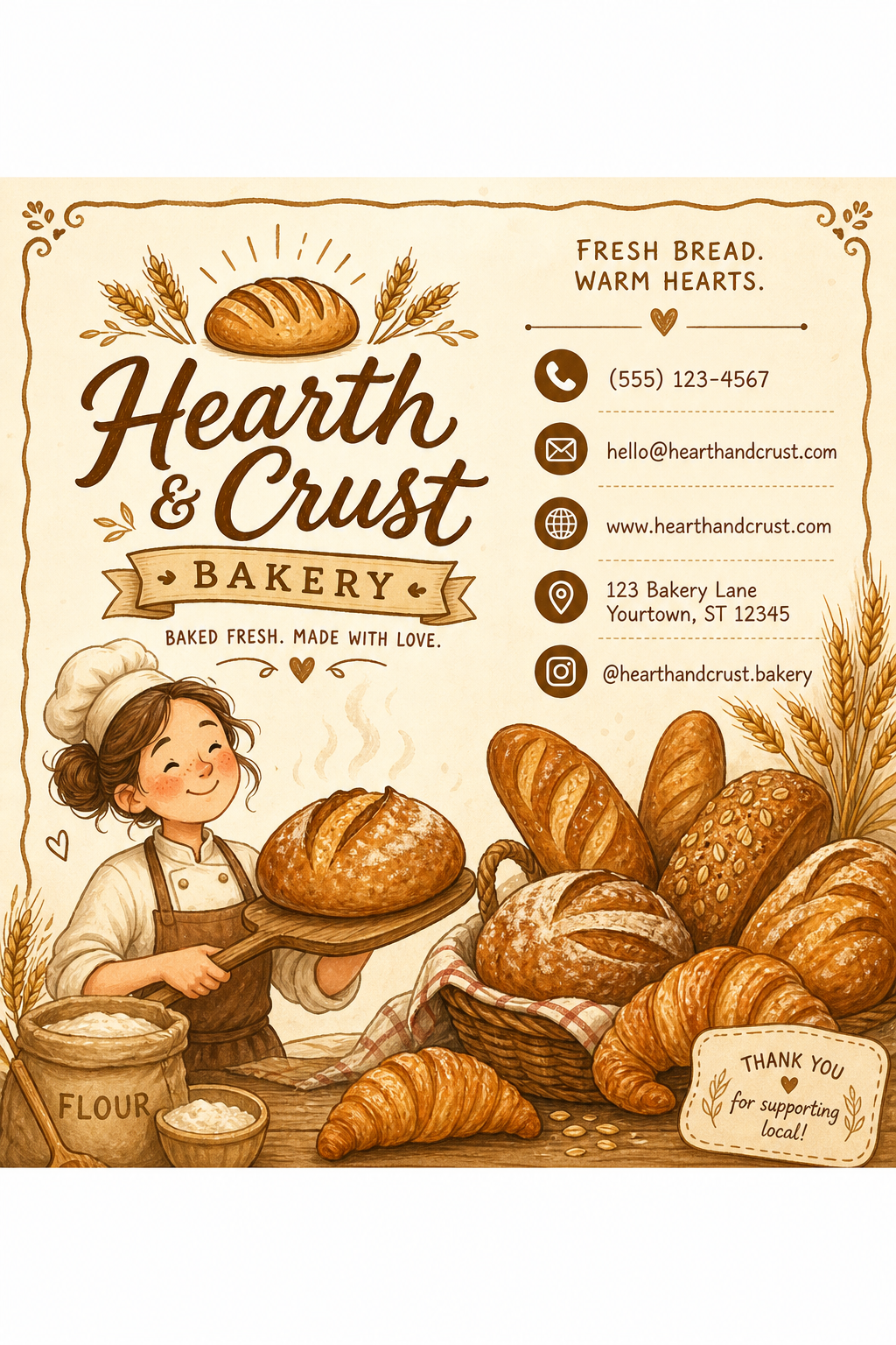 Bakery Business Card — illustration style business card design, featuring bread loaves, croissants, wheat, warm brown and cream palette, pastry imagery
