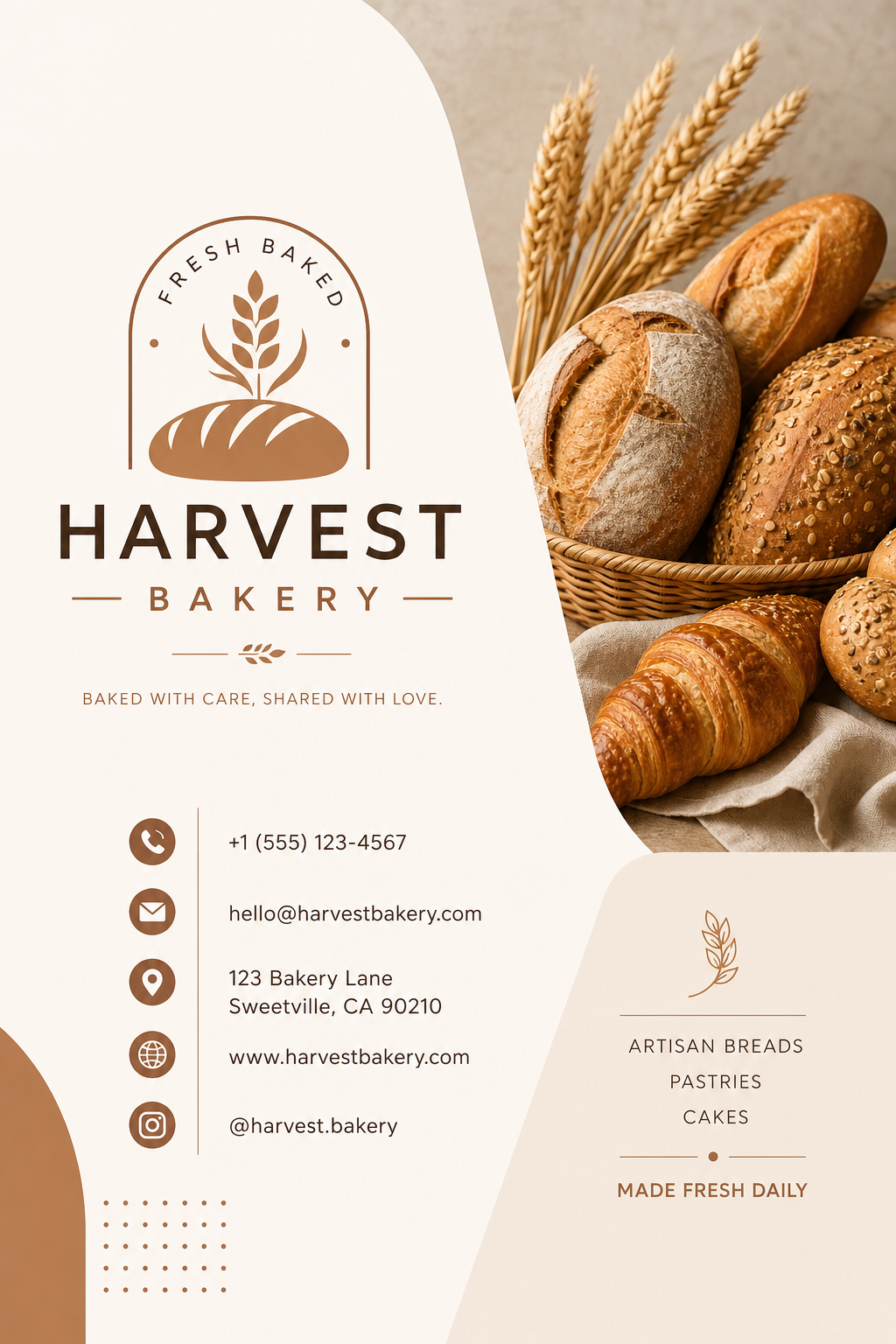 Bakery Business Card — modern style business card design, featuring bread loaves, croissants, wheat, warm brown and cream palette, pastry imagery