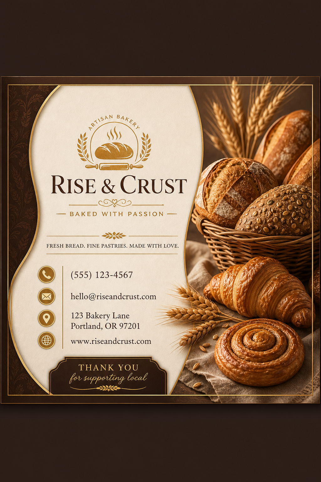 Bakery Business Card — elegant style business card design, featuring bread loaves, croissants, wheat, warm brown and cream palette, pastry imagery