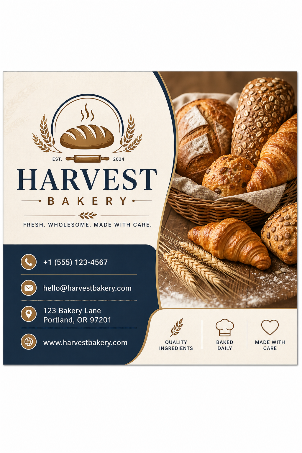Bakery Business Card — corporate style business card design, featuring bread loaves, croissants, wheat, warm brown and cream palette, pastry imagery