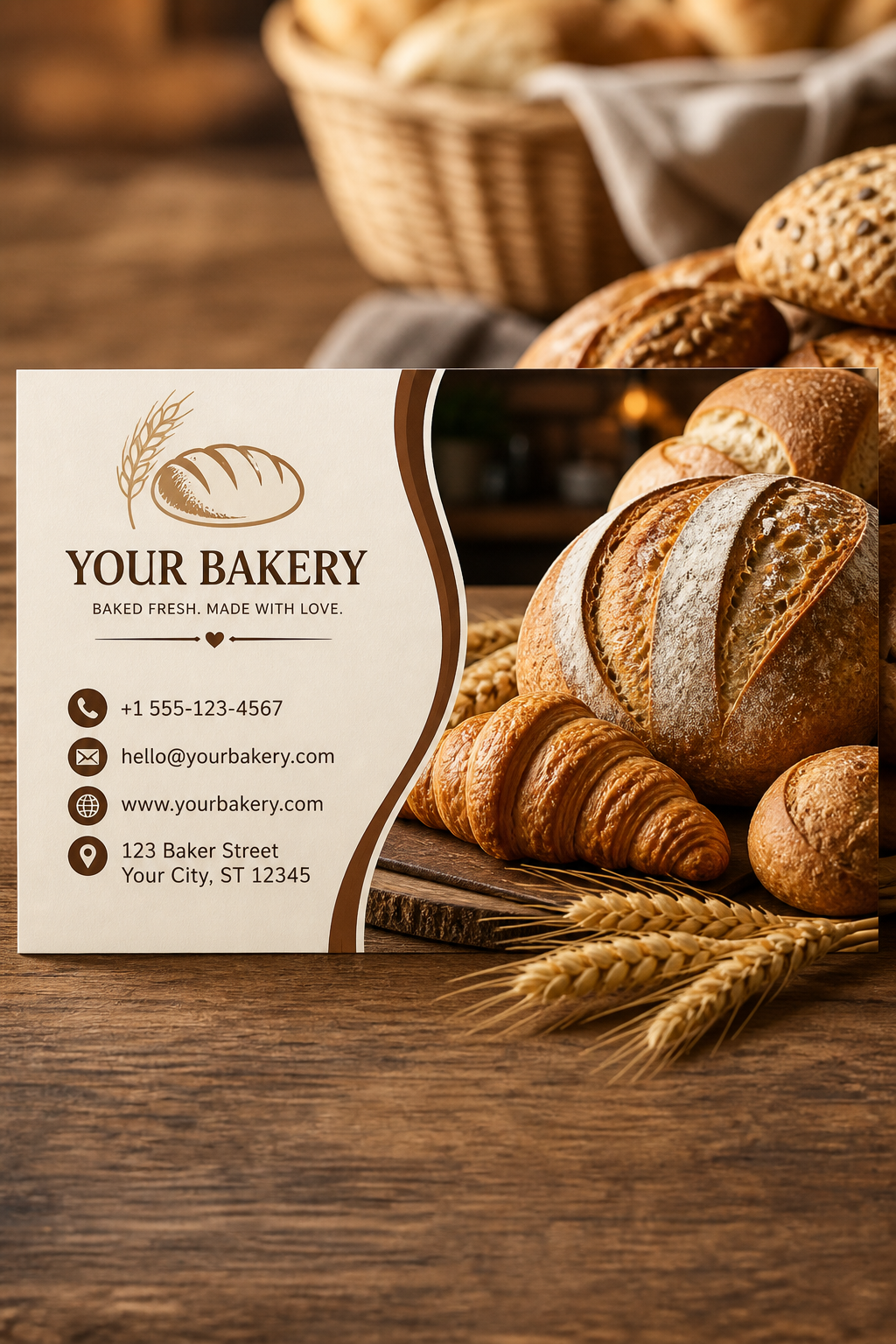 Bakery Business Card — photo-realistic style business card design, featuring bread loaves, croissants, wheat, warm brown and cream palette, pastry imagery