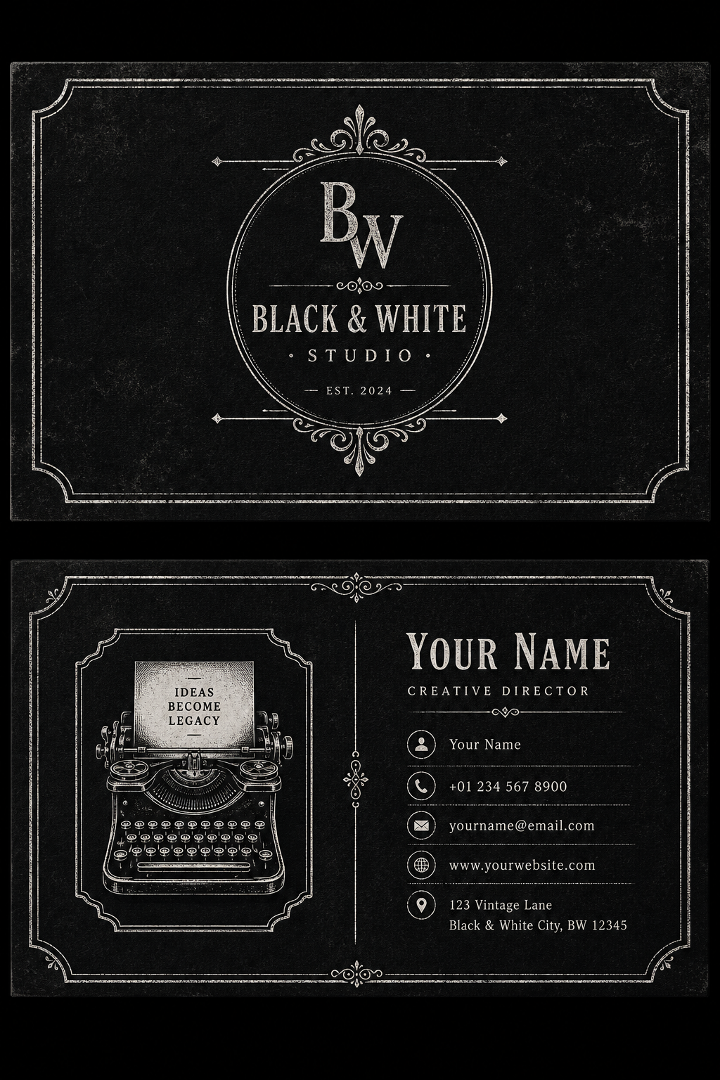 Black &amp; White Business Card — vintage style business card design, featuring deep black with subtle texture, premium minimalism