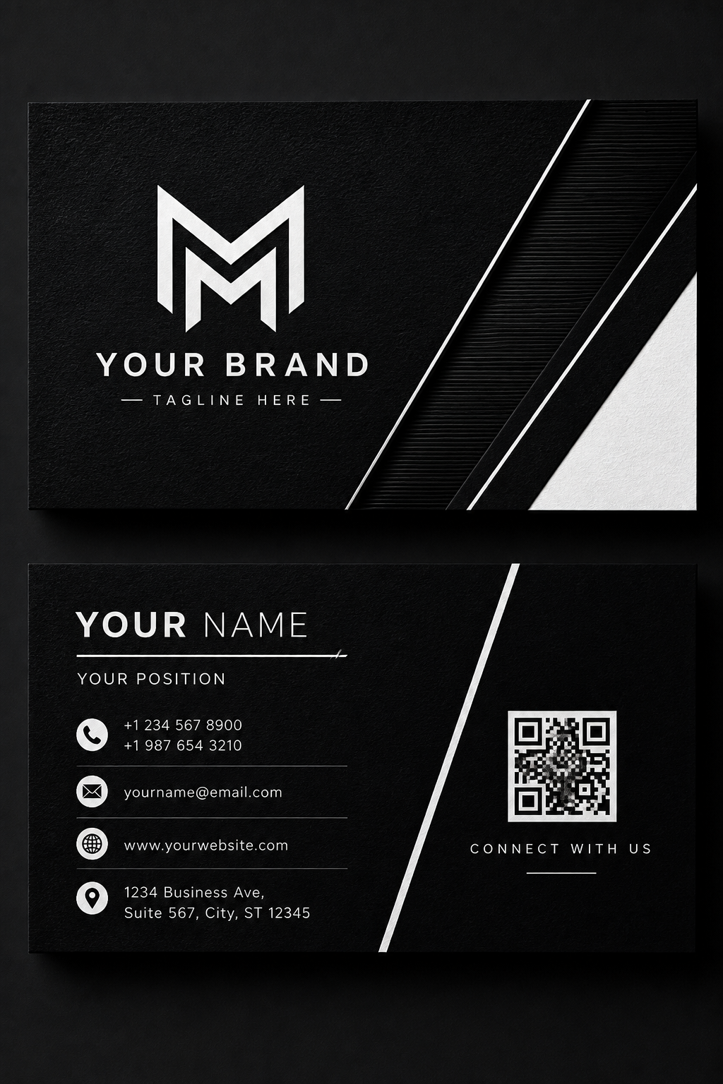 Black &amp; White Business Card — vibrant style business card design, featuring deep black with subtle texture, premium minimalism