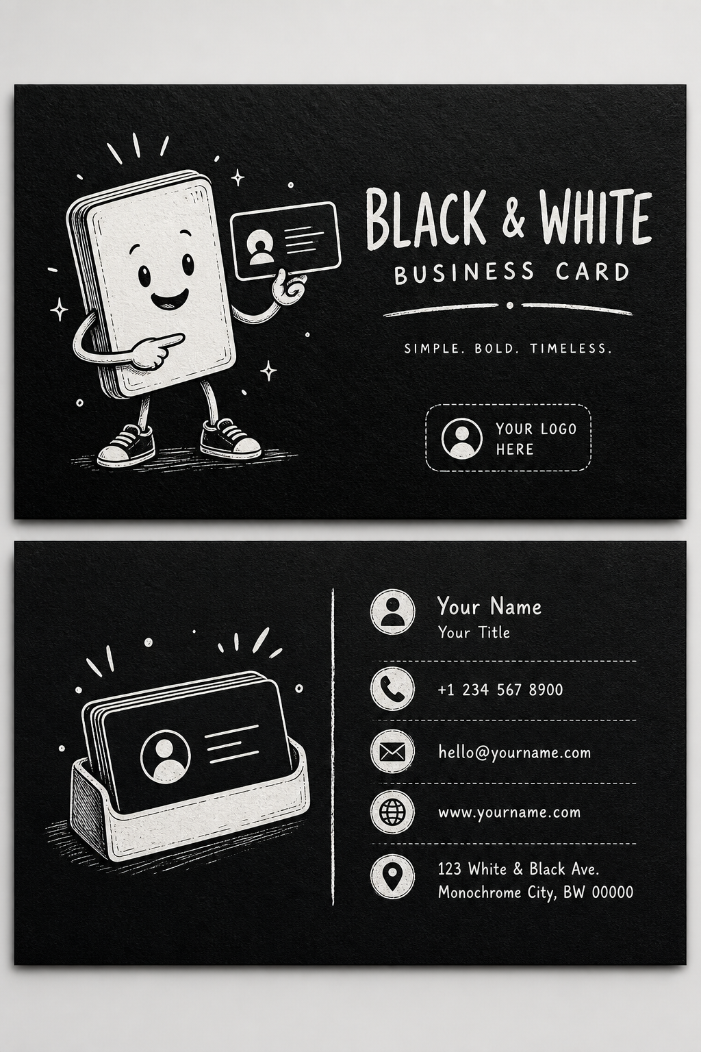 Black &amp; White Business Card — illustration style business card design, featuring deep black with subtle texture, premium minimalism