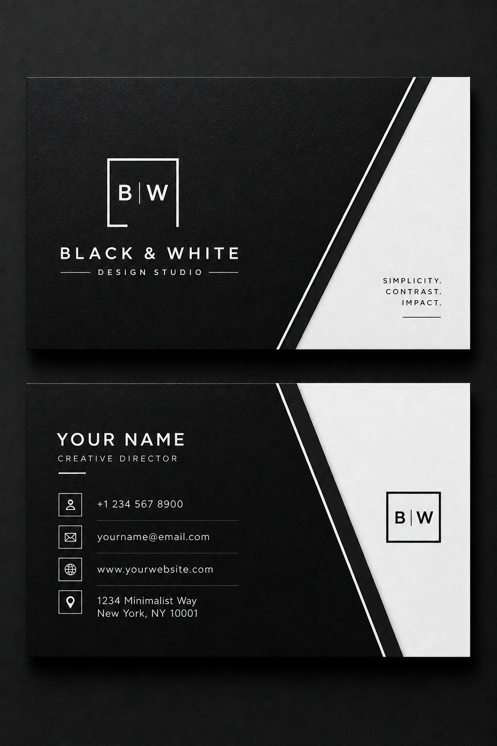 Black &amp; White Business Card — modern style business card design, featuring deep black with subtle texture, premium minimalism