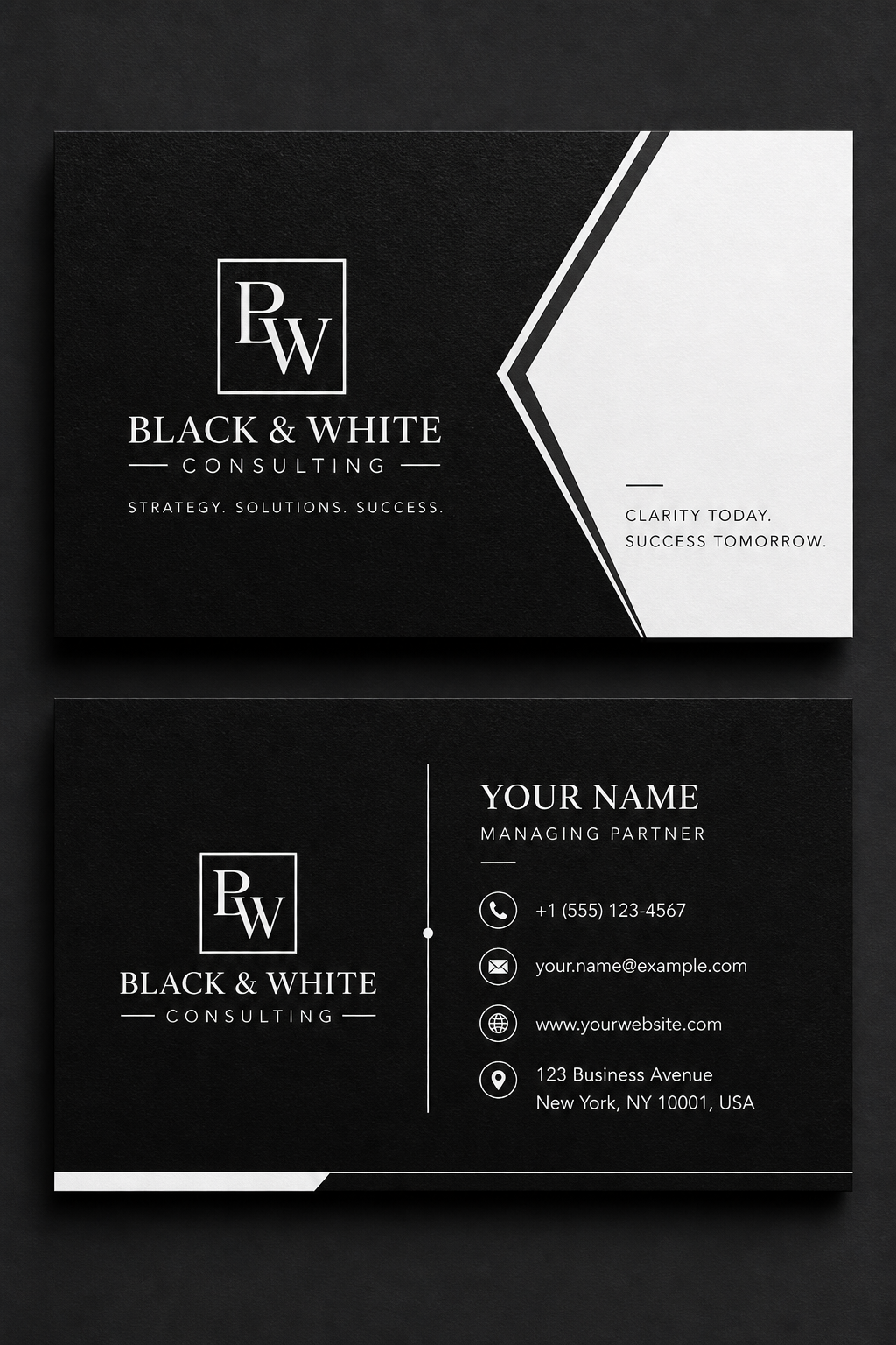 Black &amp; White Business Card — corporate style business card design, featuring deep black with subtle texture, premium minimalism