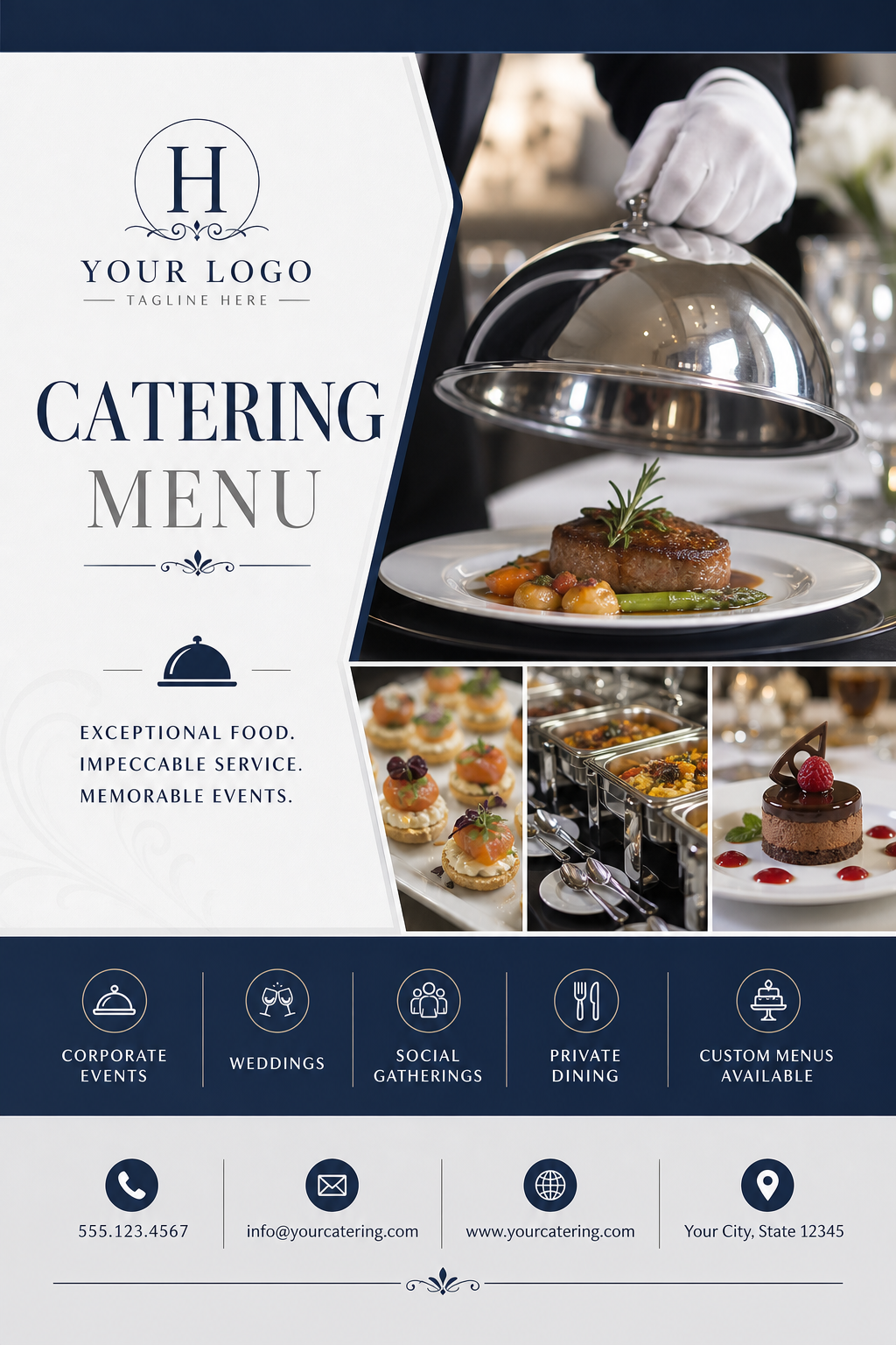 Catering Menu — corporate style business card design, featuring gourmet plated dishes, silver service trays, elegant typography