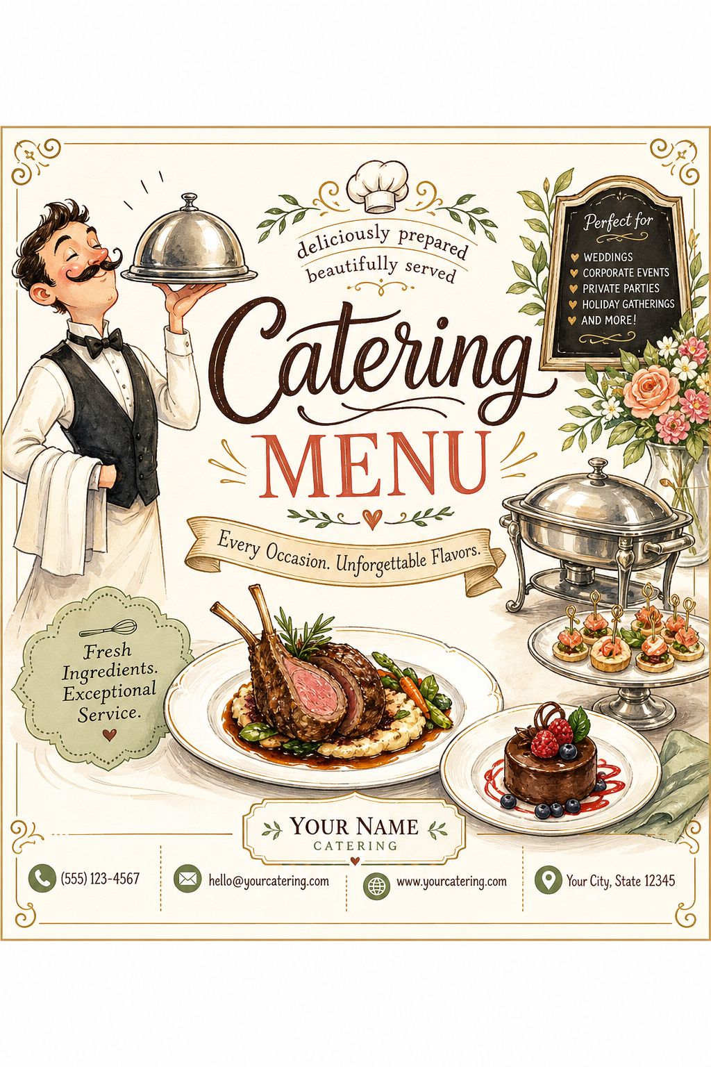 Catering Menu — illustration style business card design, featuring gourmet plated dishes, silver service trays, elegant typography