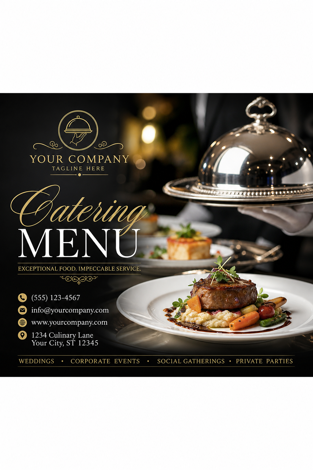 Catering Menu — photo-realistic style business card design, featuring gourmet plated dishes, silver service trays, elegant typography