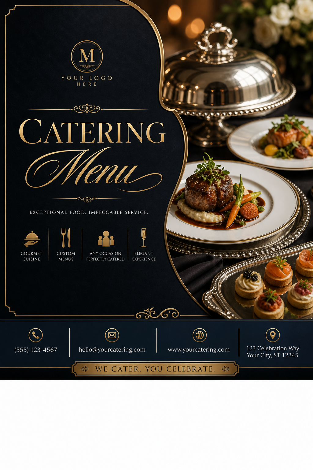 Catering Menu — elegant style business card design, featuring gourmet plated dishes, silver service trays, elegant typography