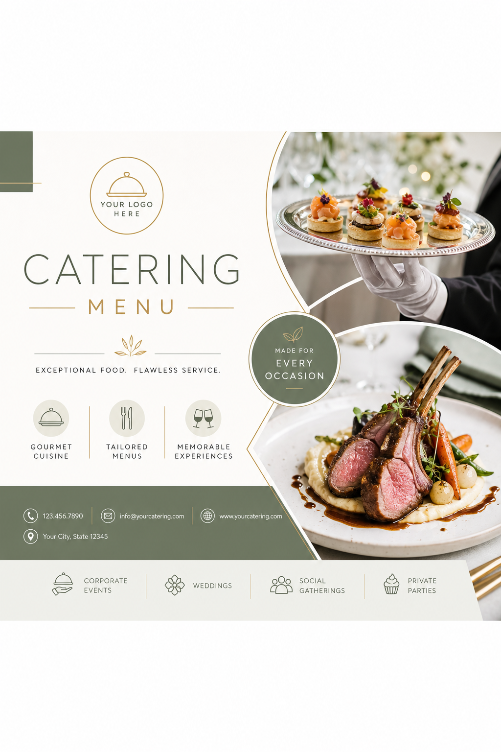 Catering Menu — modern style business card design, featuring gourmet plated dishes, silver service trays, elegant typography