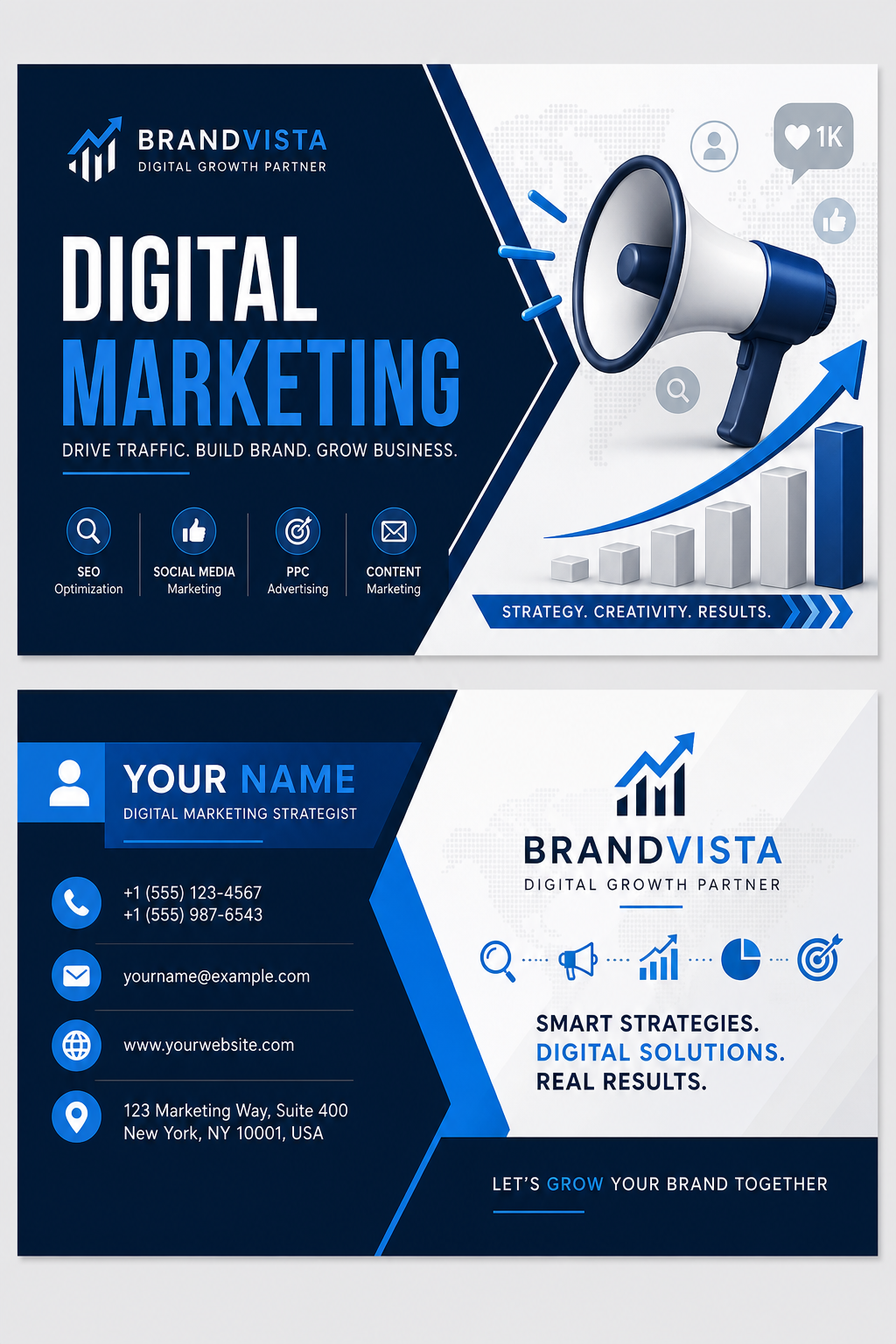 Digital Marketing Business Card — corporate style business card design, featuring megaphone, growth charts, dynamic typography, vibrant palette
