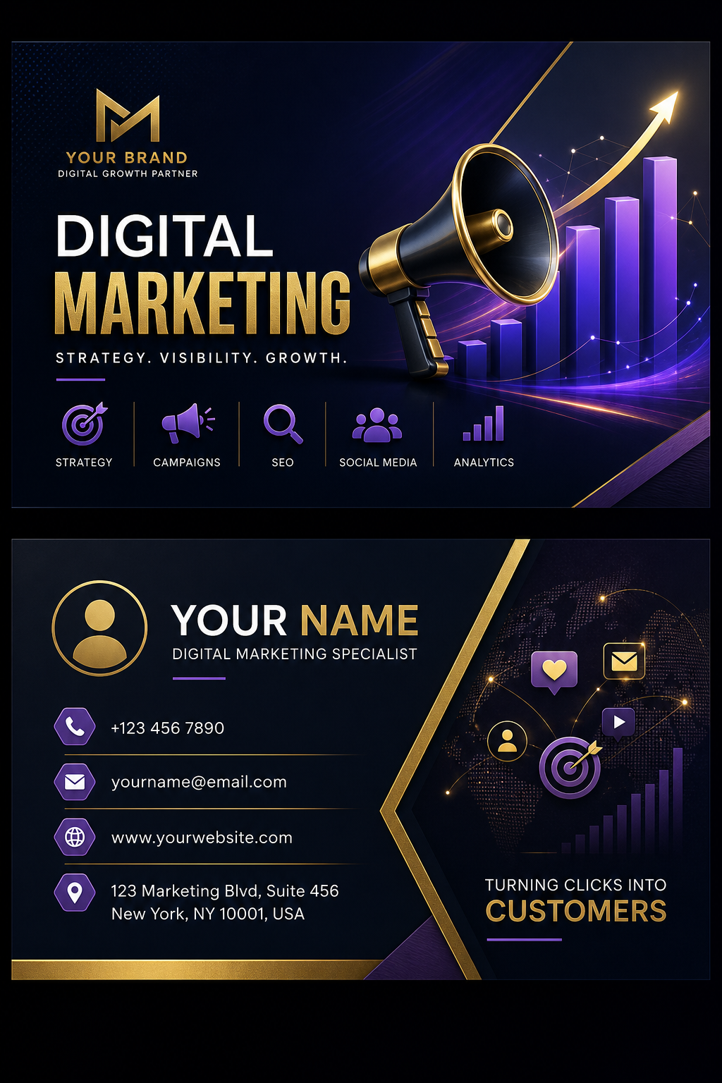 Digital Marketing Business Card — elegant style business card design, featuring megaphone, growth charts, dynamic typography, vibrant palette