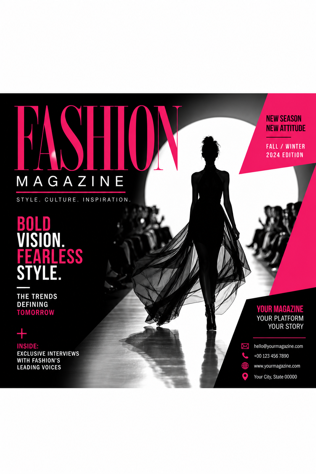 Fashion Magazine Cover — vibrant style business card design, featuring model silhouette, runway, minimal modern aesthetic, monochrome with bold accent