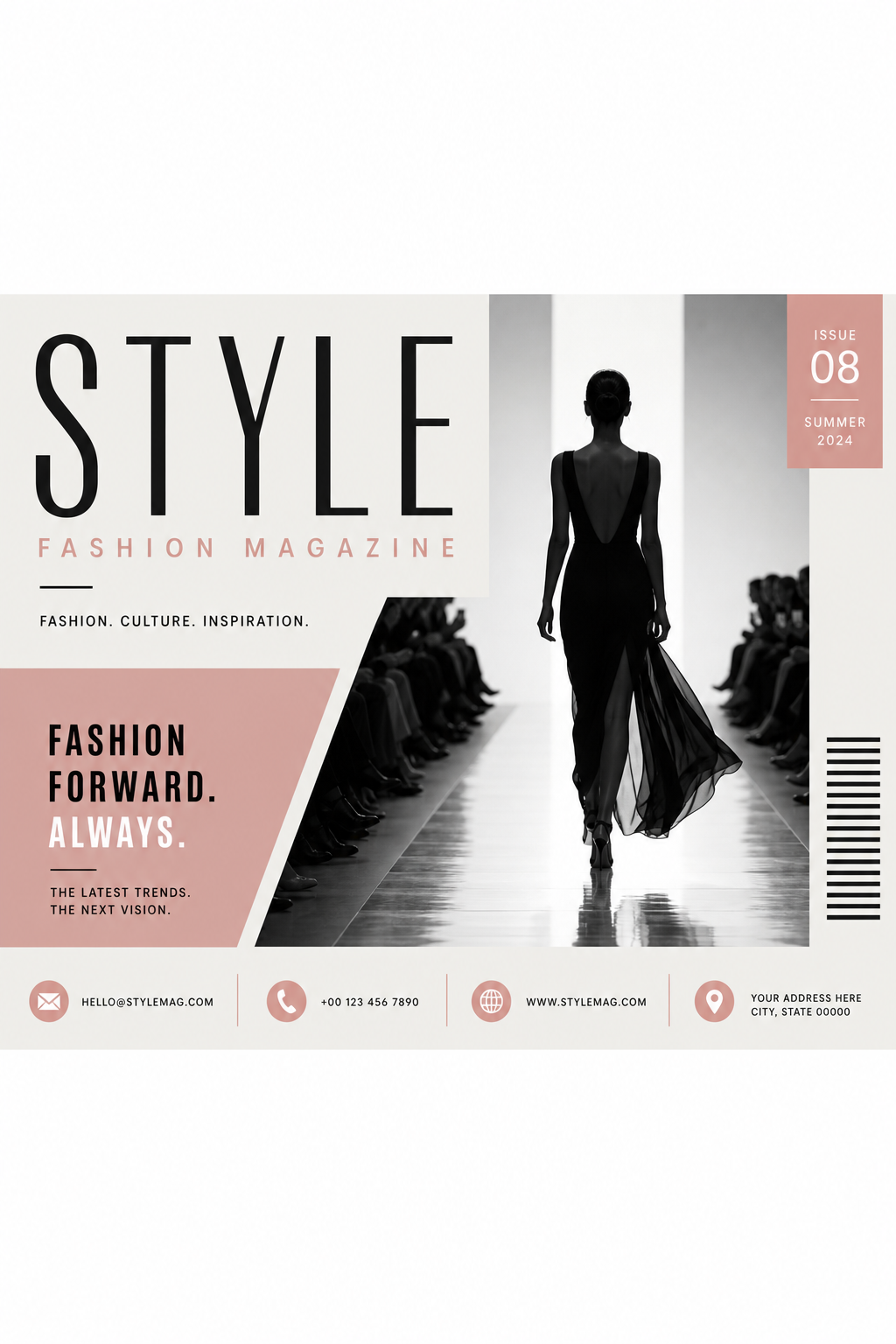 Fashion Magazine Cover — modern style business card design, featuring model silhouette, runway, minimal modern aesthetic, monochrome with bold accent