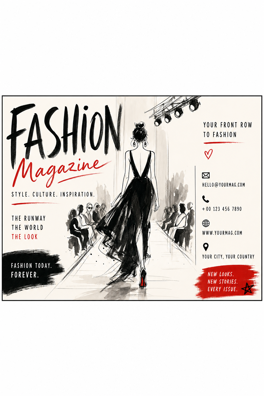 Fashion Magazine Cover — illustration style business card design, featuring model silhouette, runway, minimal modern aesthetic, monochrome with bold accent