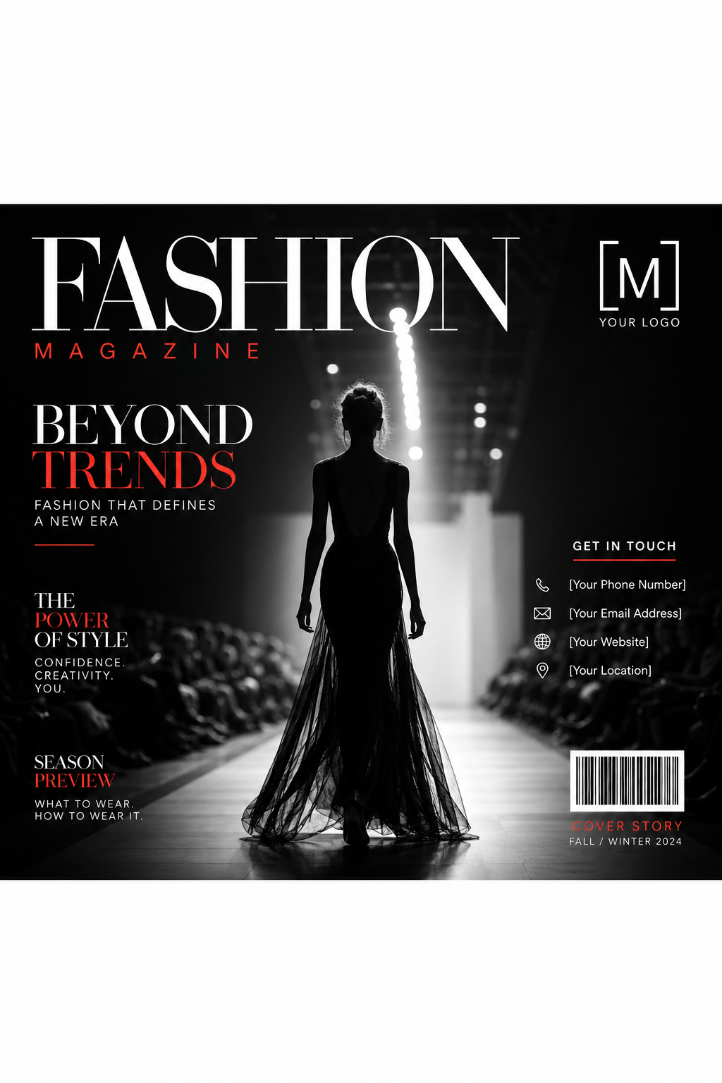 Fashion Magazine Cover — photo-realistic style business card design, featuring model silhouette, runway, minimal modern aesthetic, monochrome with bold accent