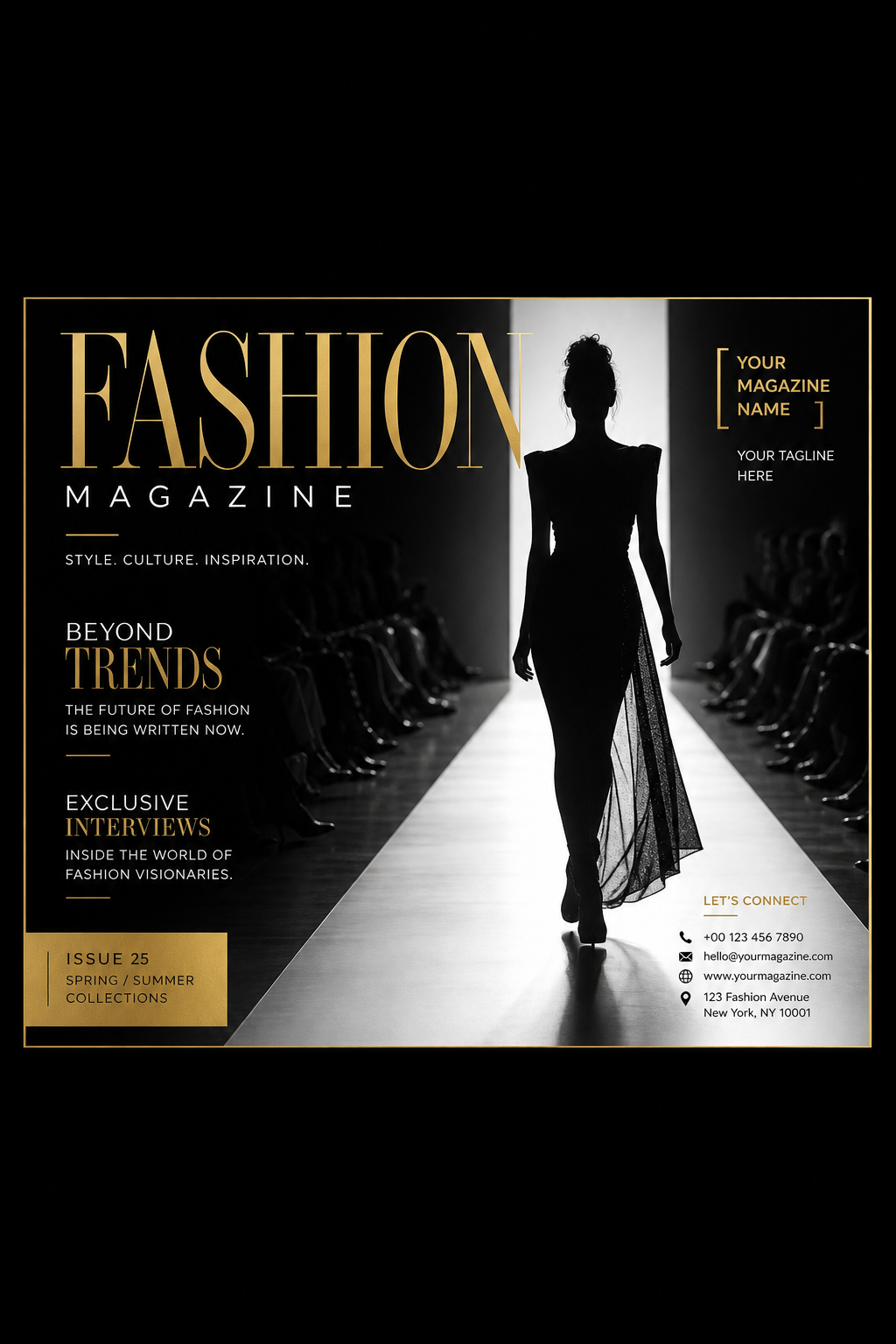 Fashion Magazine Cover — elegant style business card design, featuring model silhouette, runway, minimal modern aesthetic, monochrome with bold accent