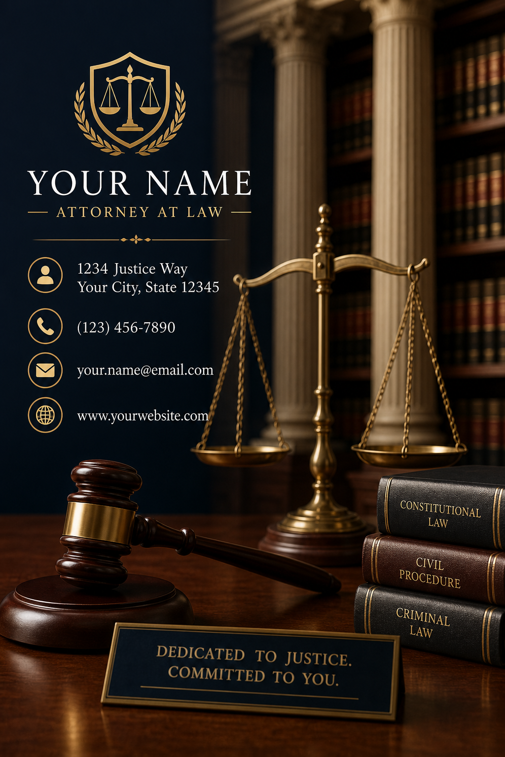 Lawyer Business Card — photo-realistic style business card design, featuring scales of justice, gavel, legal books, navy/burgundy/gold palette, courthouse columns