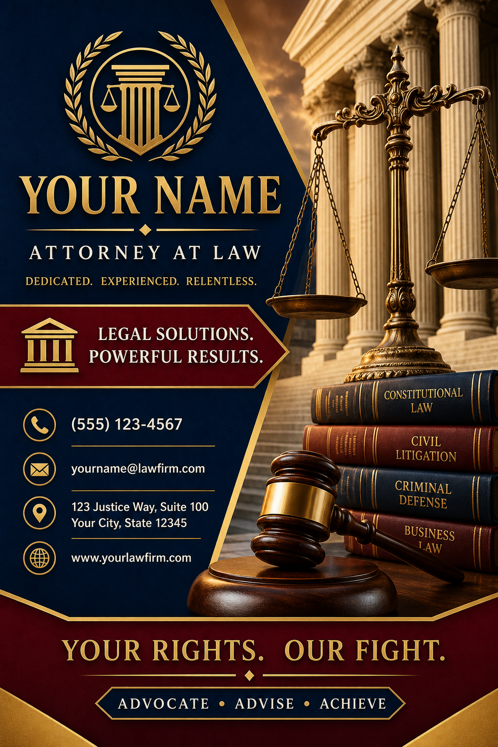 Lawyer Business Card — vibrant style business card design, featuring scales of justice, gavel, legal books, navy/burgundy/gold palette, courthouse columns