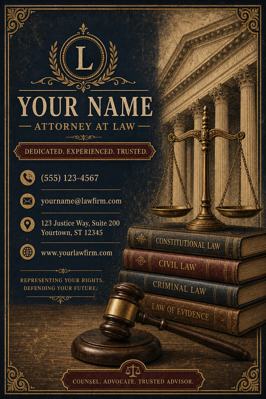Lawyer Business Card — vintage style business card design, featuring scales of justice, gavel, legal books, navy/burgundy/gold palette, courthouse columns