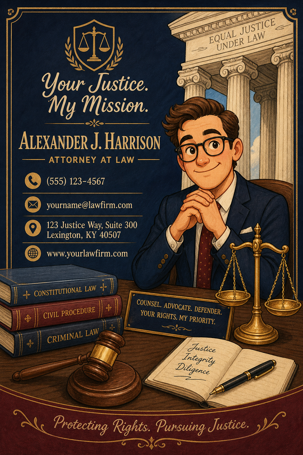 Lawyer Business Card — illustration style business card design, featuring scales of justice, gavel, legal books, navy/burgundy/gold palette, courthouse columns