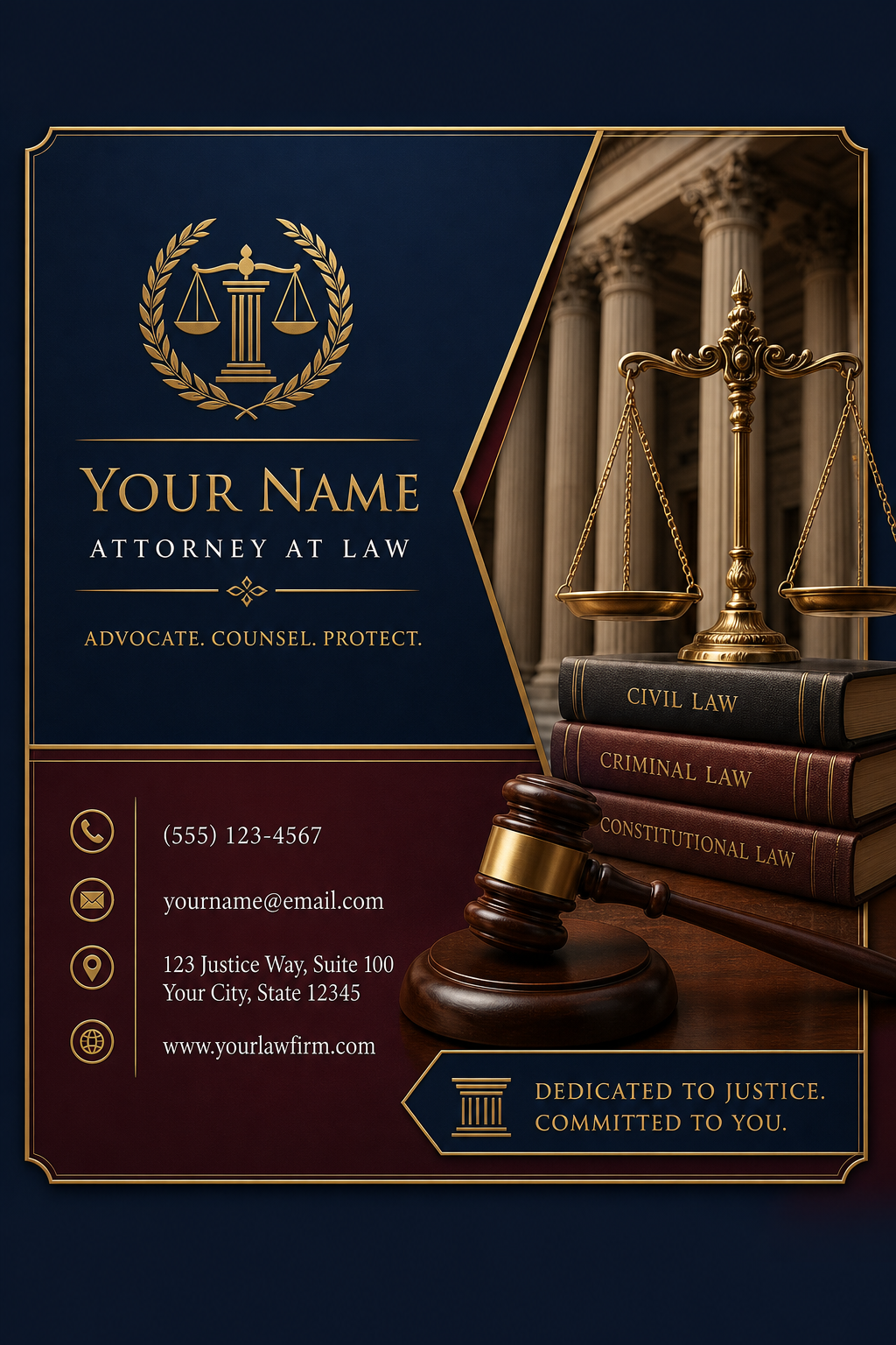 Lawyer Business Card — elegant style business card design, featuring scales of justice, gavel, legal books, navy/burgundy/gold palette, courthouse columns