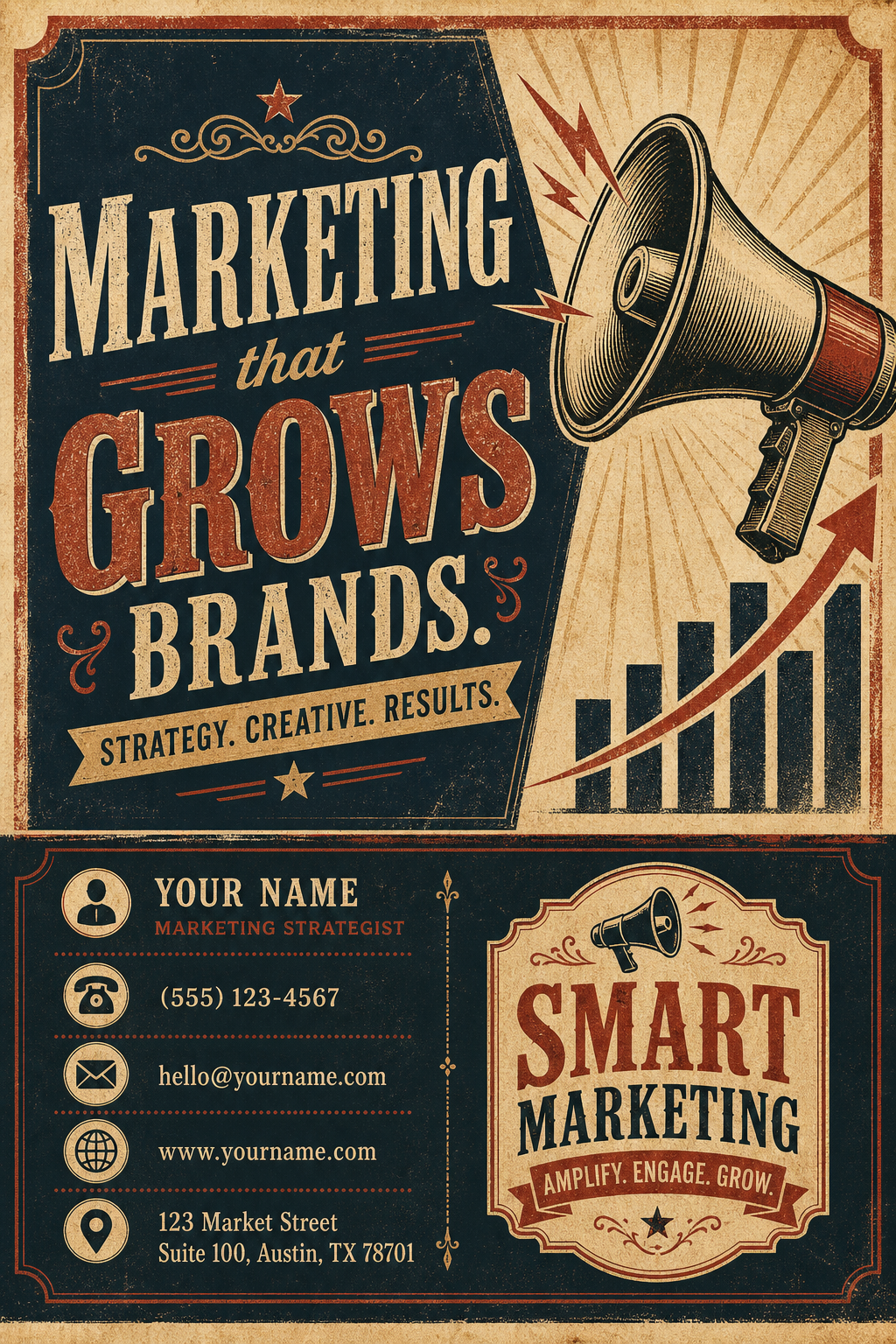 Marketing Business Card — vintage style business card design, featuring megaphone, growth charts, dynamic typography, vibrant palette