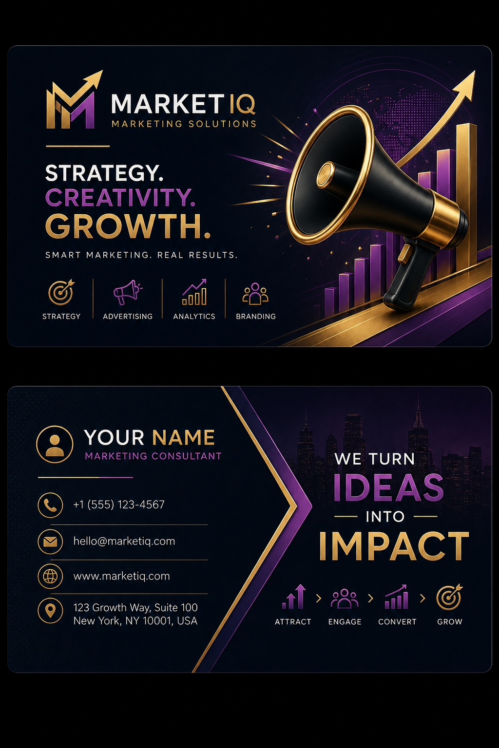 Marketing Business Card — elegant style business card design, featuring megaphone, growth charts, dynamic typography, vibrant palette