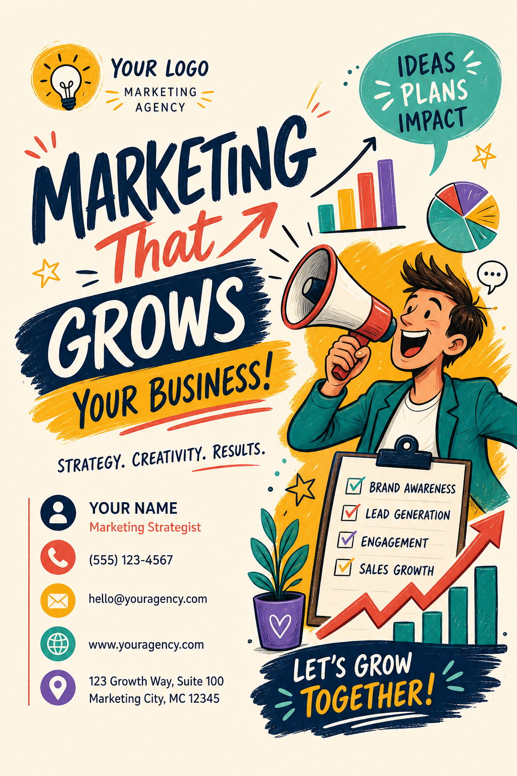 Marketing Business Card — illustration style business card design, featuring megaphone, growth charts, dynamic typography, vibrant palette