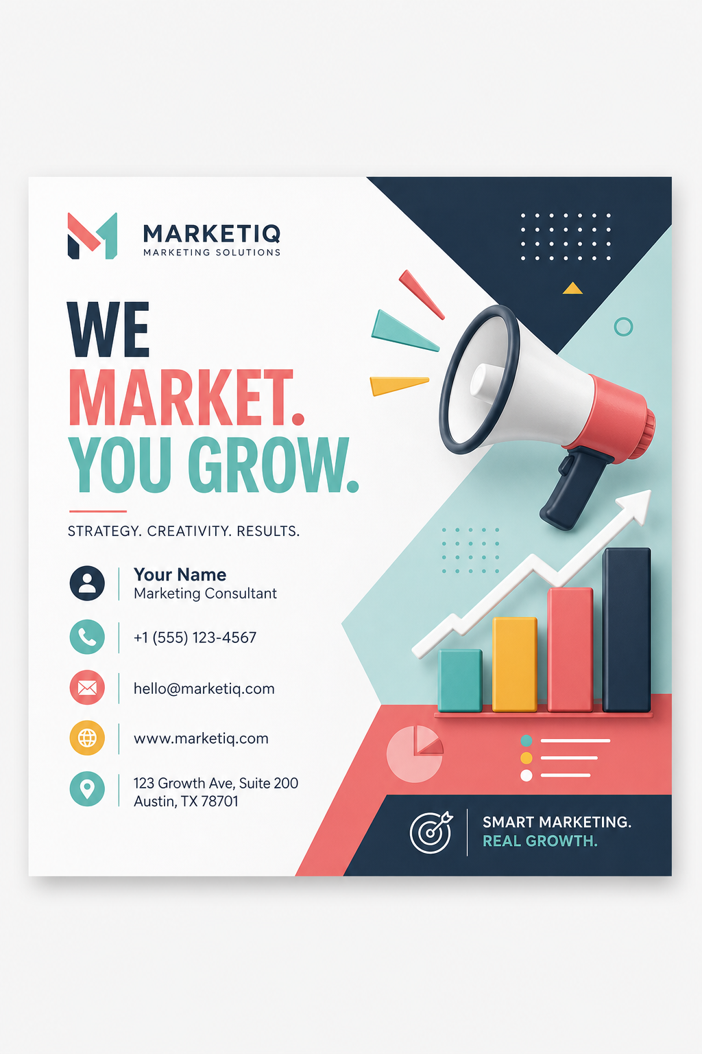 Marketing Business Card — modern style business card design, featuring megaphone, growth charts, dynamic typography, vibrant palette
