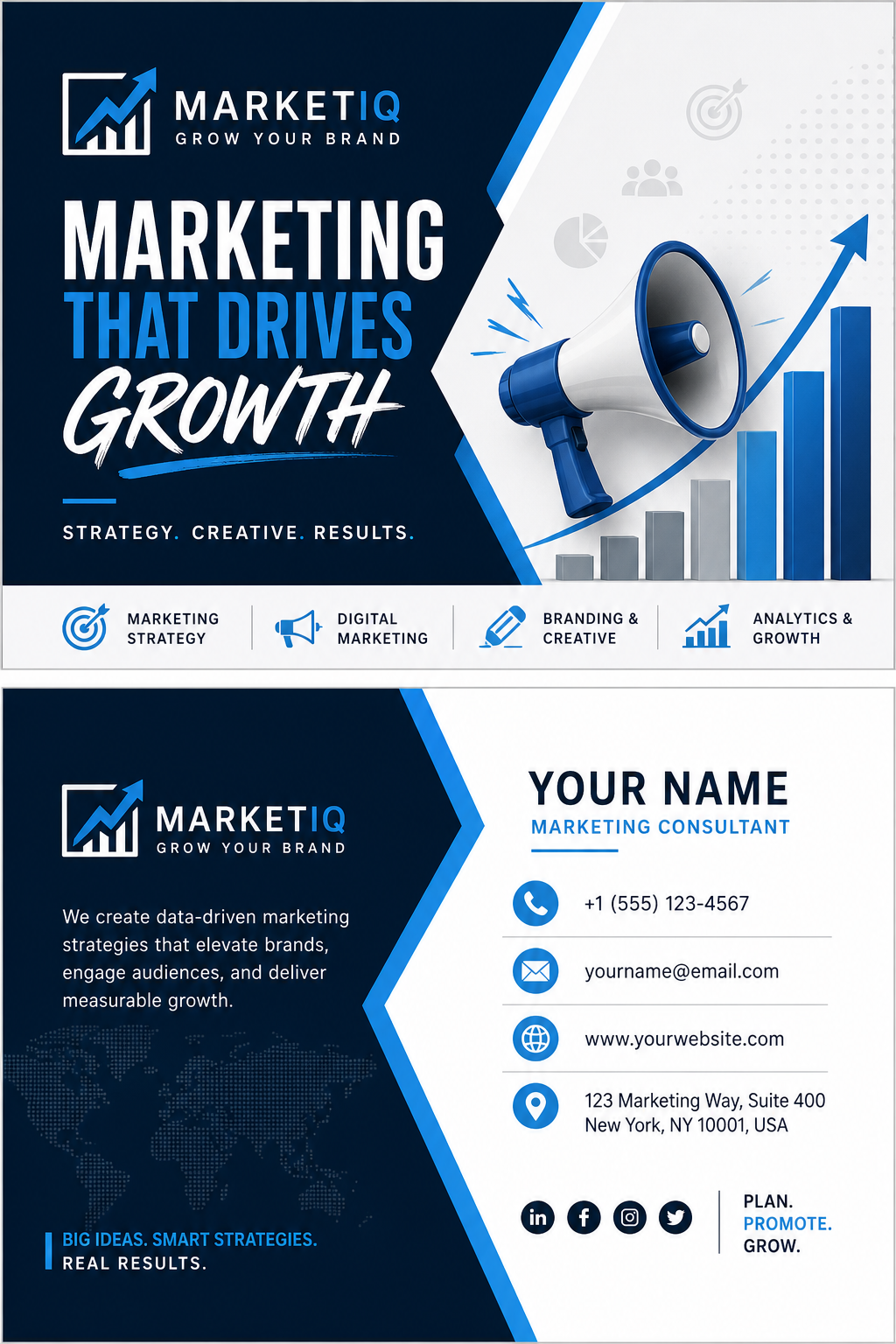 Marketing Business Card — corporate style business card design, featuring megaphone, growth charts, dynamic typography, vibrant palette